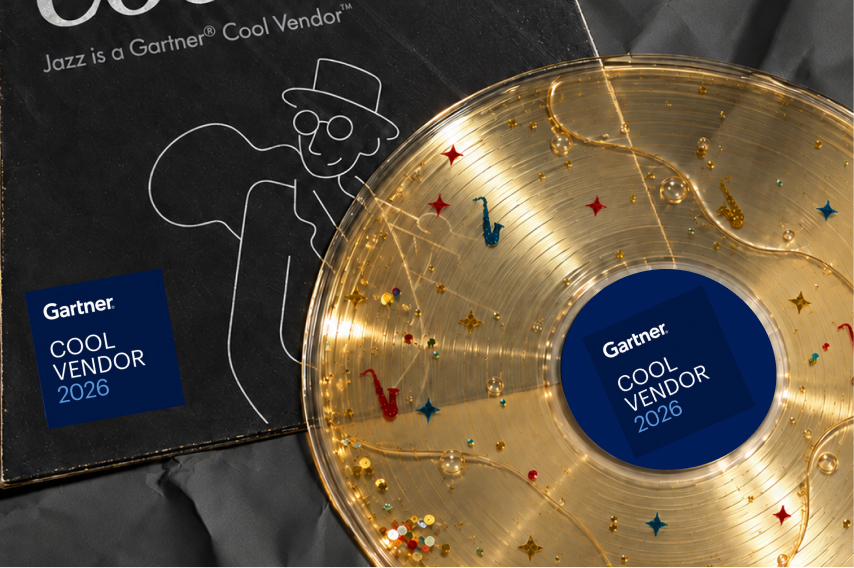 A gold vinyl record labelled Gartner Cool Vendor 2026 resting on a black sleeve that reads Jazz is a Gartner® Cool Vendor™