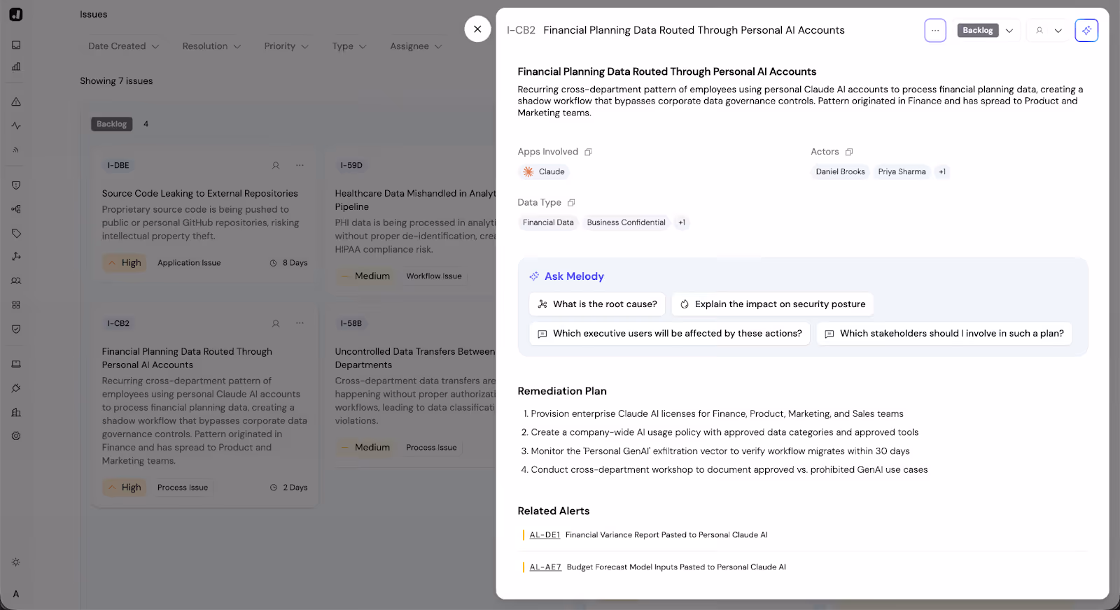 Jazz Posture issue detail for financial planning data routed through personal AI accounts, with Melody's remediation plan