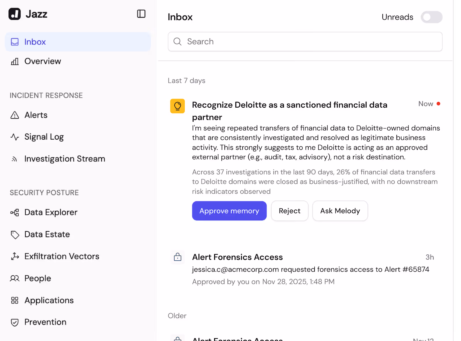 Melody inbox asking to recognise Deloitte as a sanctioned financial data partner, with Approve memory, Reject and Ask Melody buttons
